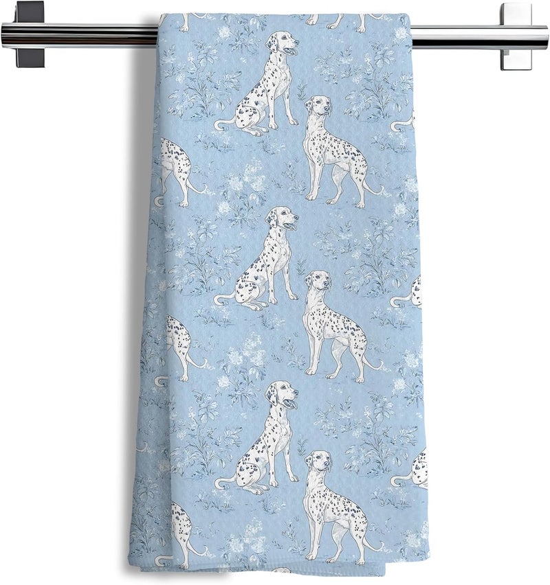 Nipil Blue Chinoiserie Dalmation Floral Kitchen Towels,Dalmation Dog Gifts Decorative Hand Towels,Blue and White Grandmillennial Botanical Dog Floral Dish Tea Towels for Kitchen Bathroom, 16x24 Inch - Image 1